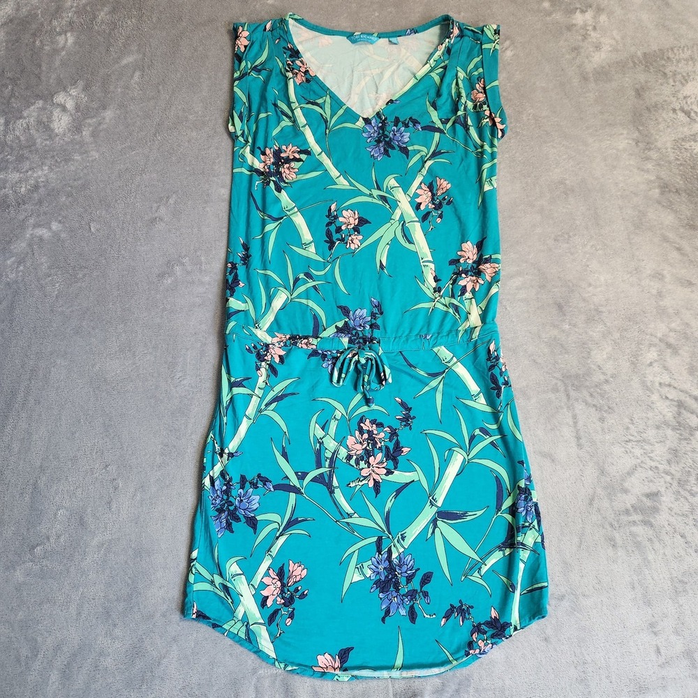Tori Richard Alyssa Floral Drawstring Dress Teal Bamboo Print Women's XS Maui